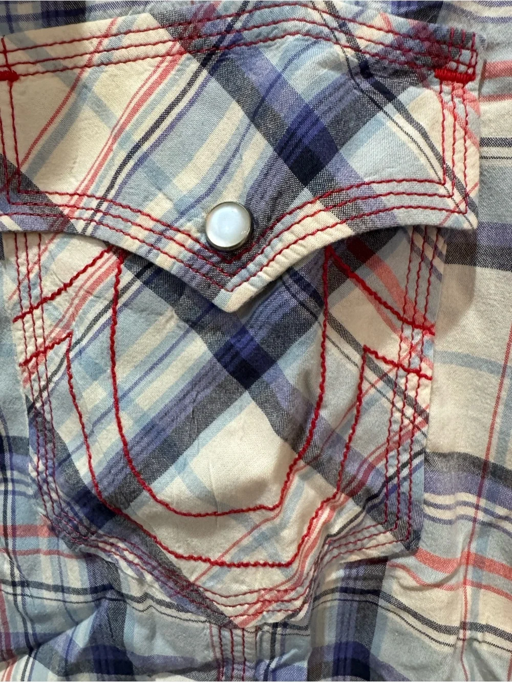 True Religion Pearl Snap Plaid Shirt Mens Large Multicolor Short‎ Sleeve Cuff XL